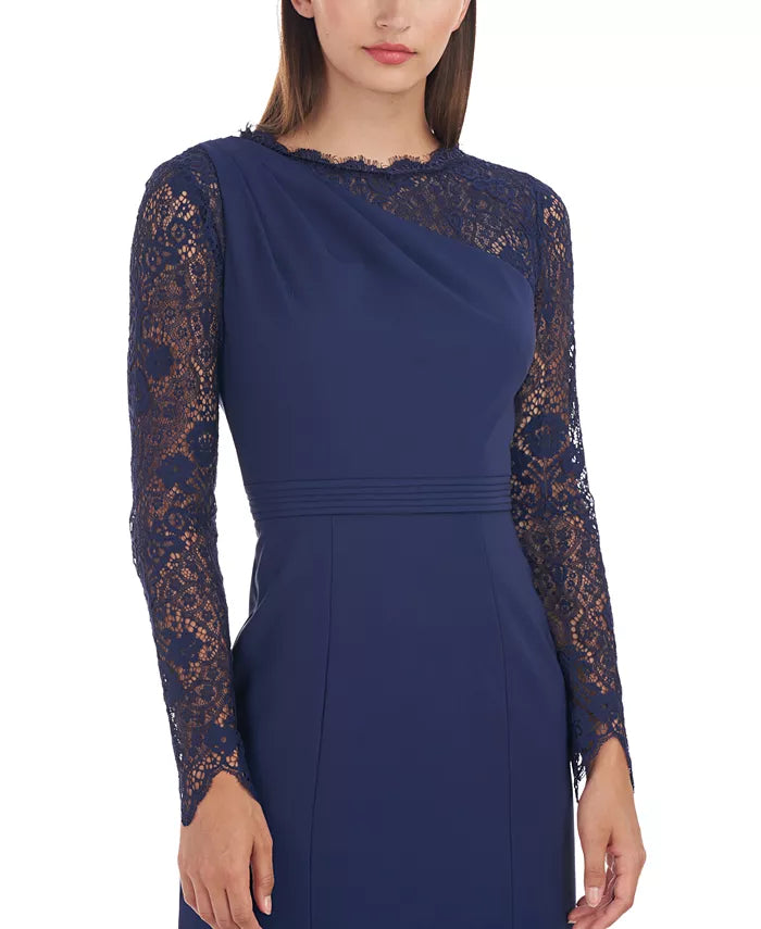 JS Collections Stretch Crepe Lace-Sleeve Gown