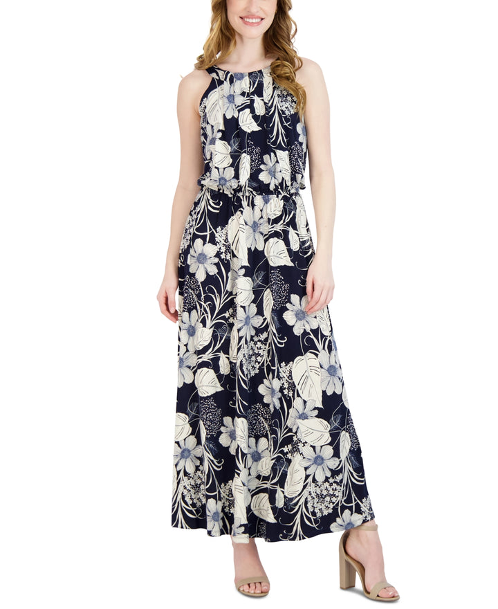 Robbie Bee Pleated-Neck Maxi Dress