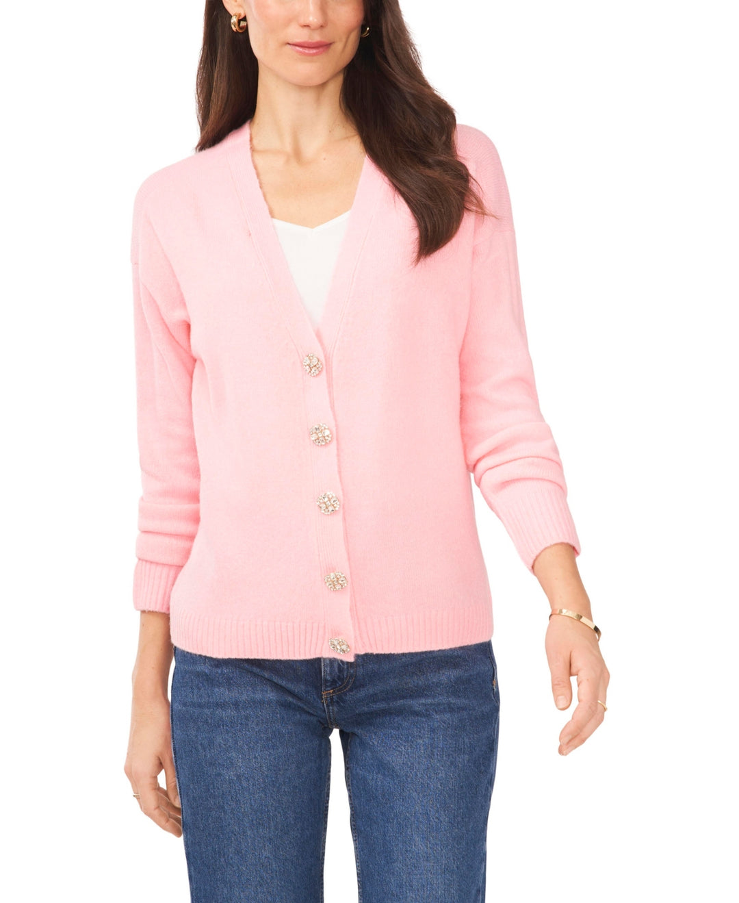 CeCe Button V-neck Sweater