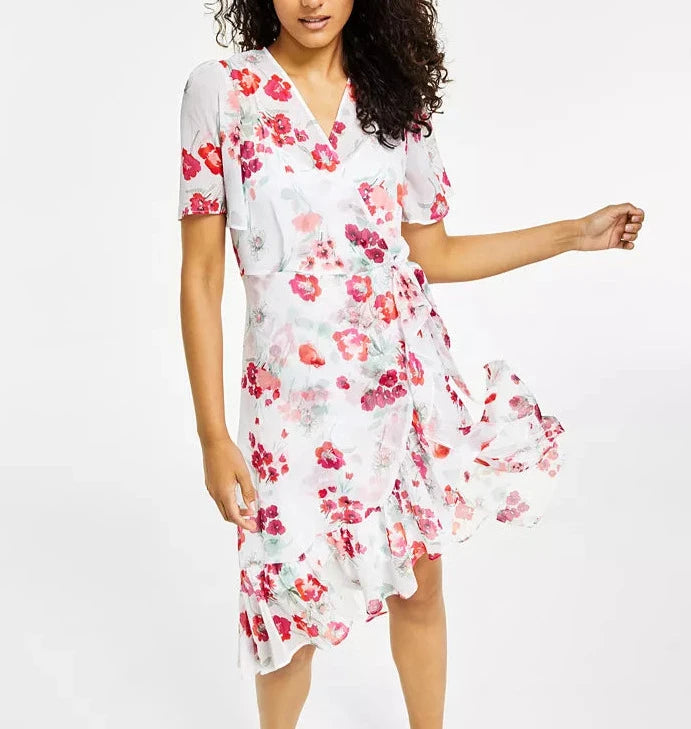 Calvin Klein Flutter-Sleeve Faux-Wrap Dress