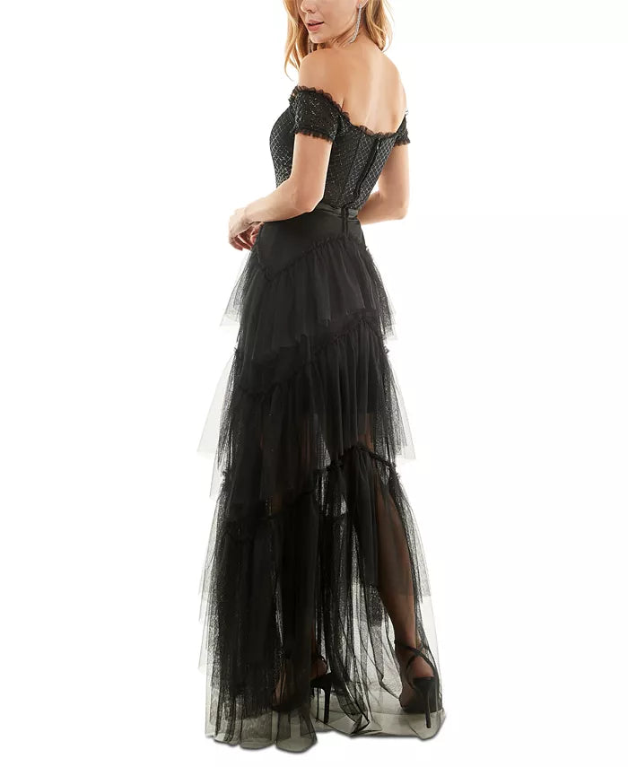 City Studio Juniors' Off-The-Shoulder Tiered Mesh Gown