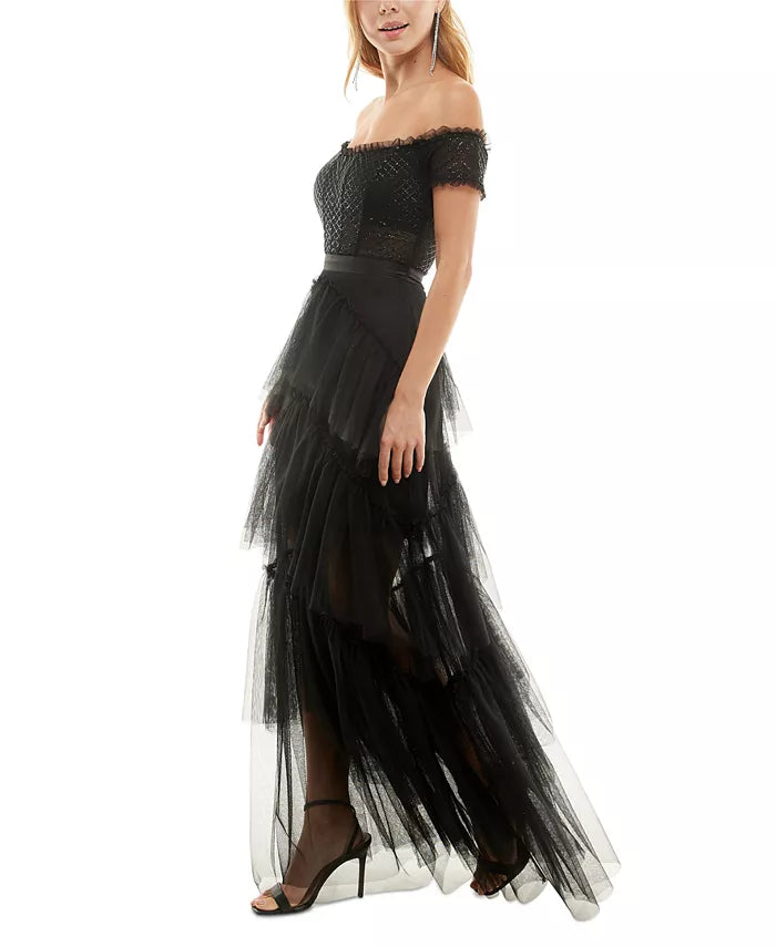 City Studio Juniors' Off-The-Shoulder Tiered Mesh Gown