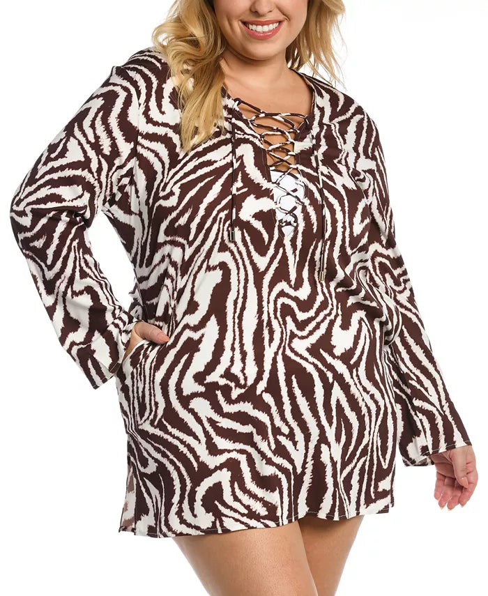 La Blanca Plus Size Fierce Lace-Up Tunic Cover-Up