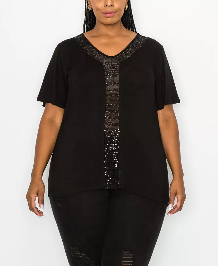 COIN 1804 Plus Size Sequin Inset Short Sleeve Top