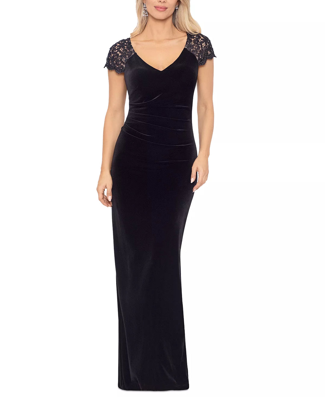 XSCAPE Women's V-Neck Short-Flutter-Sleeve Velvet Gown