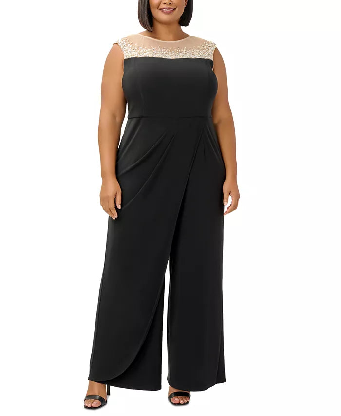 Adrianna Papell Plus Size Embellished-Neck Jersey Jumpsuit
