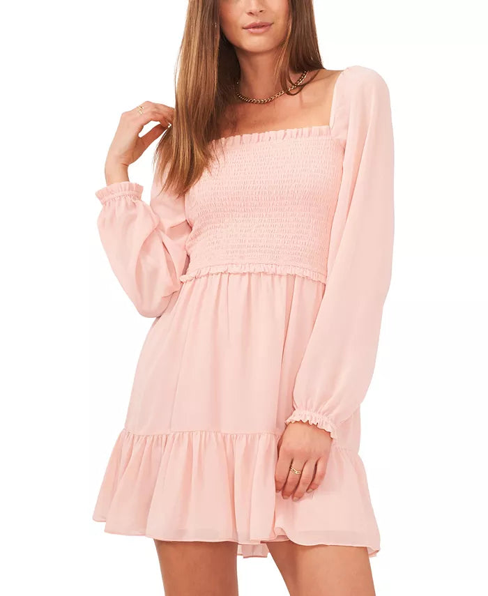 1.STATE Smocked Ruffle Hem Long Sleeve Dress