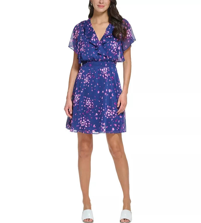 DKNY Floral-Print Ruffled Smocked Dress