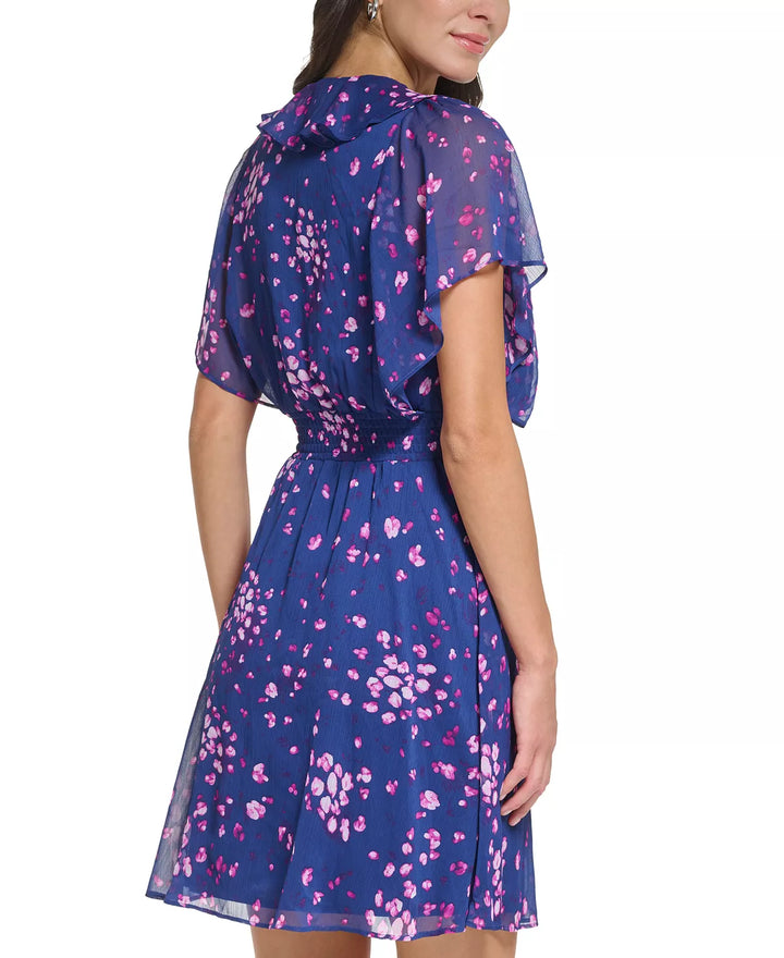 DKNY Floral-Print Ruffled Smocked Dress