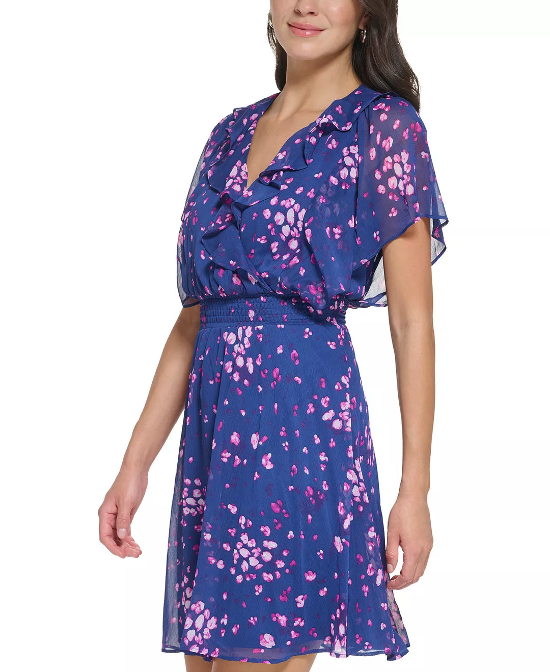 DKNY Floral-Print Ruffled Smocked Dress