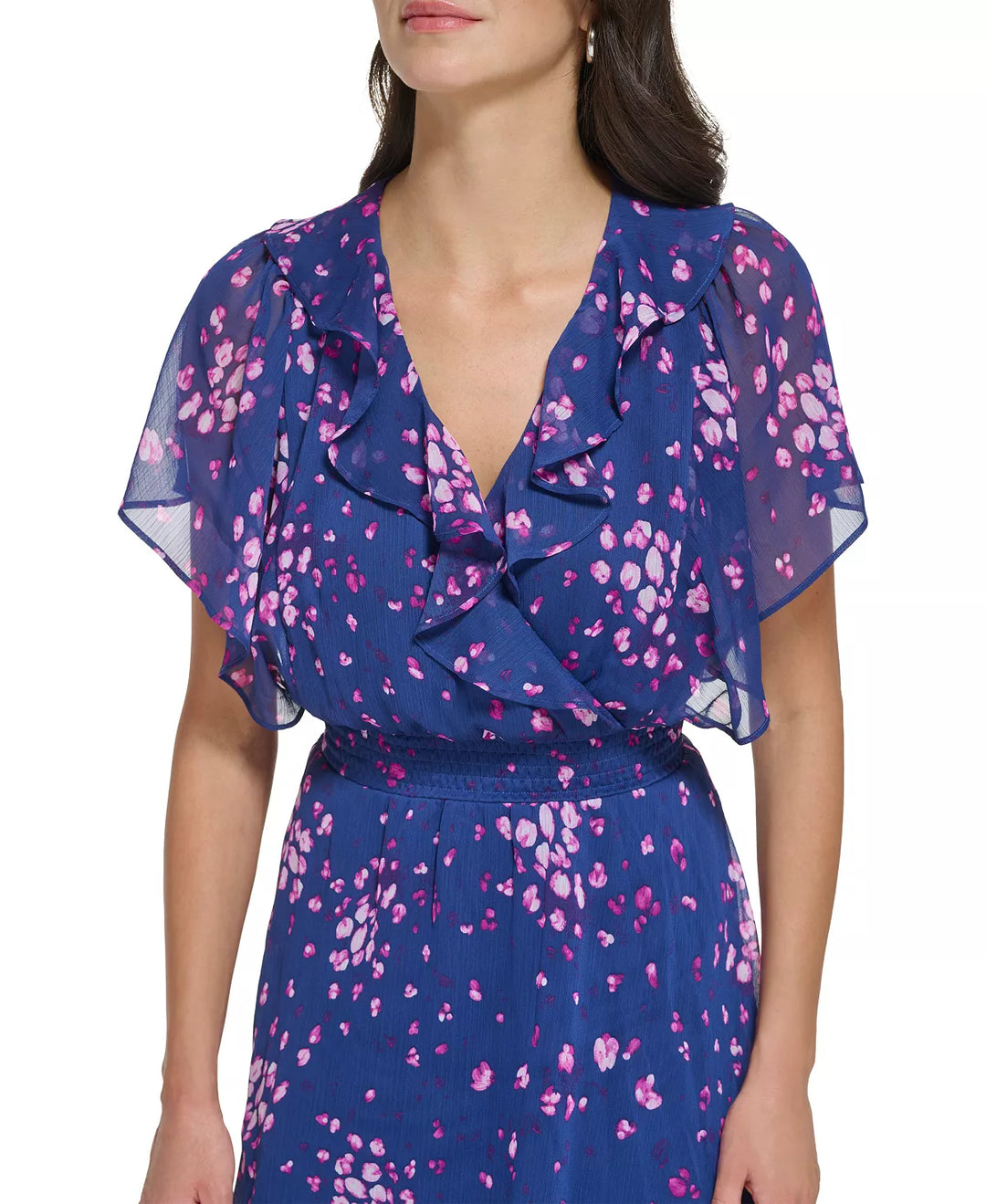 DKNY Floral-Print Ruffled Smocked Dress