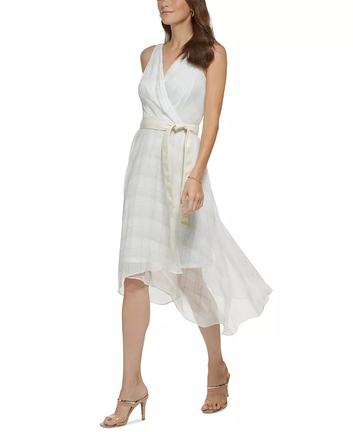 DKNY Plaid Faux-Wrap Midi Dress