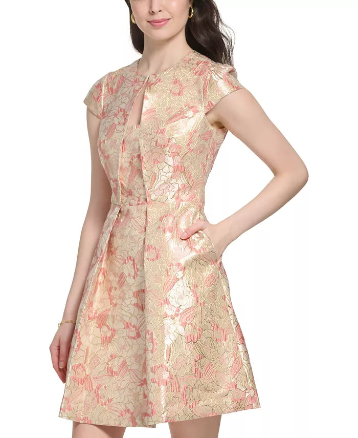 Vince Camuto Floral Jacquard Cap-Sleeve Fit & Flare Dress