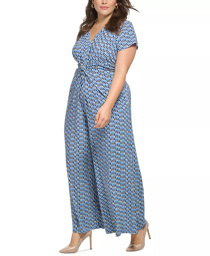 Vince Camuto Plus Size Geo-Print Twist-Front Jumpsuit