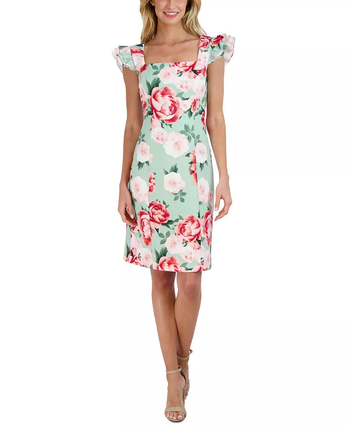 Donna Ricco Printed Ruffle-Sleeve Sheath Dress