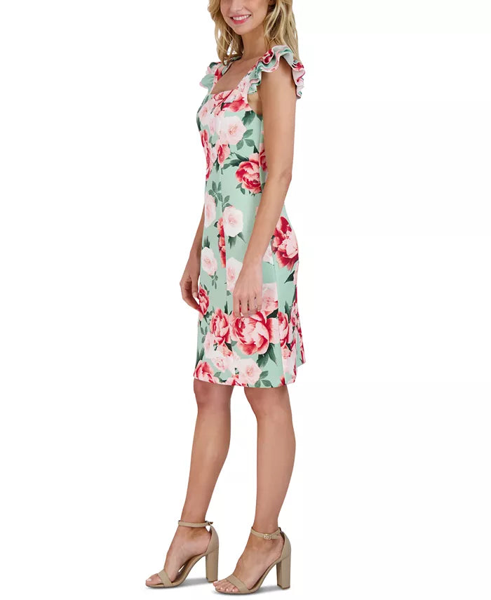 Donna Ricco Printed Ruffle-Sleeve Sheath Dress