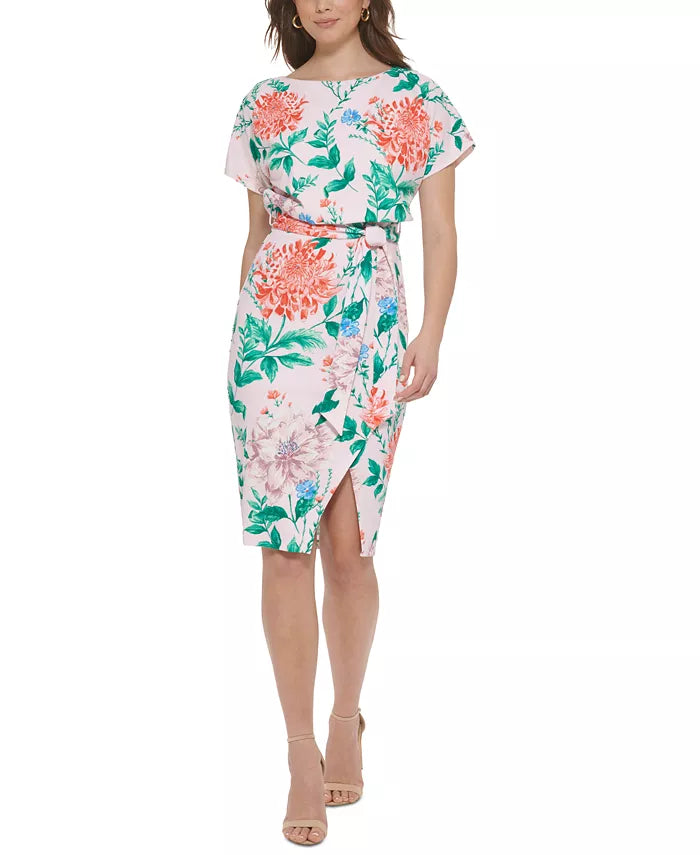 kensie Floral-Print Tie-Waist Sheath Dress