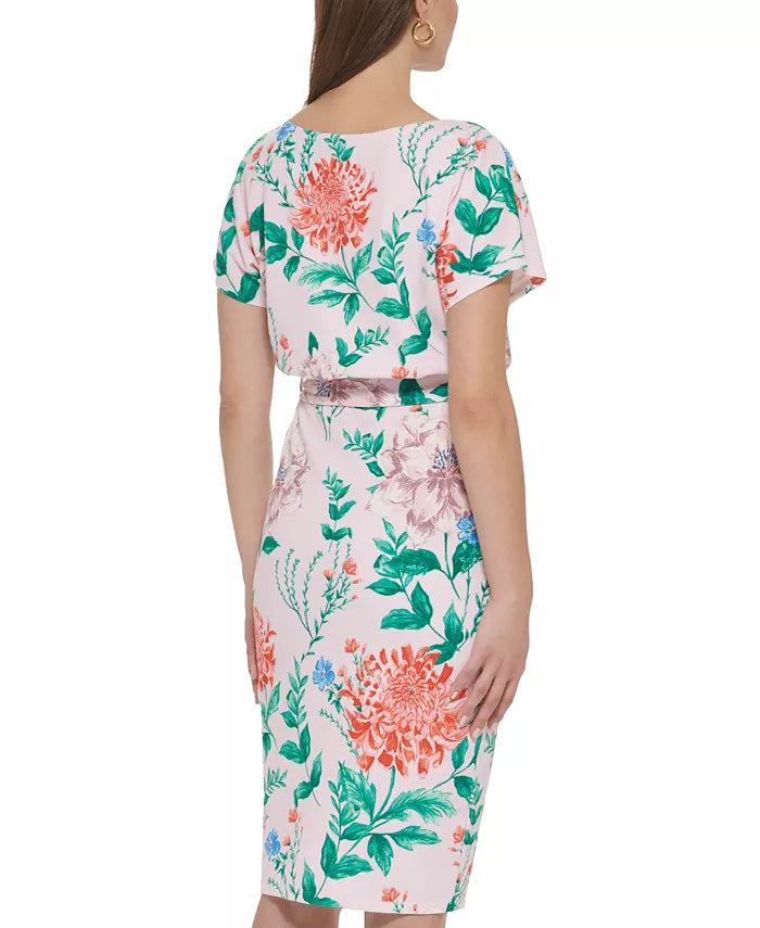 kensie Floral-Print Tie-Waist Sheath Dress