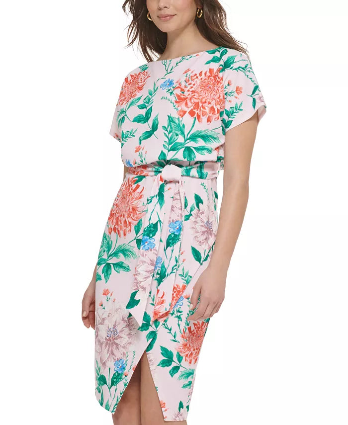 kensie Floral-Print Tie-Waist Sheath Dress
