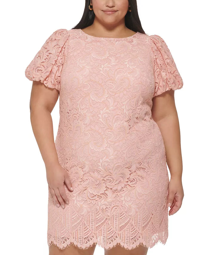 Jessica Howard Plus Size Boat-Neck Puff-Sleeve Lace Dress