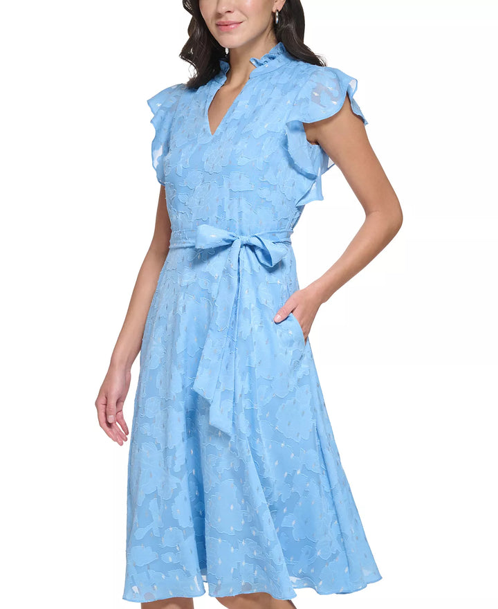 Jessica Howard Petite Shimmer-Dot Ruffled-Sleeve Tie-Waist Dress