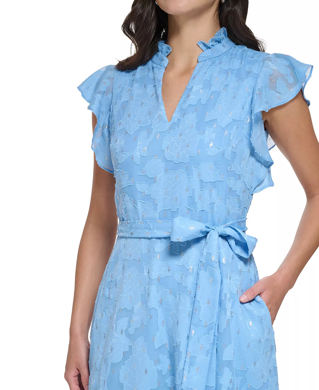 Jessica Howard Petite Shimmer-Dot Ruffled-Sleeve Tie-Waist Dress