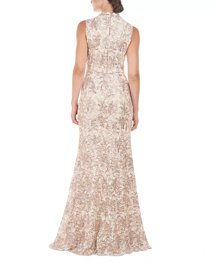JS Collections Embroidered Mock-Neck Sequined Gown