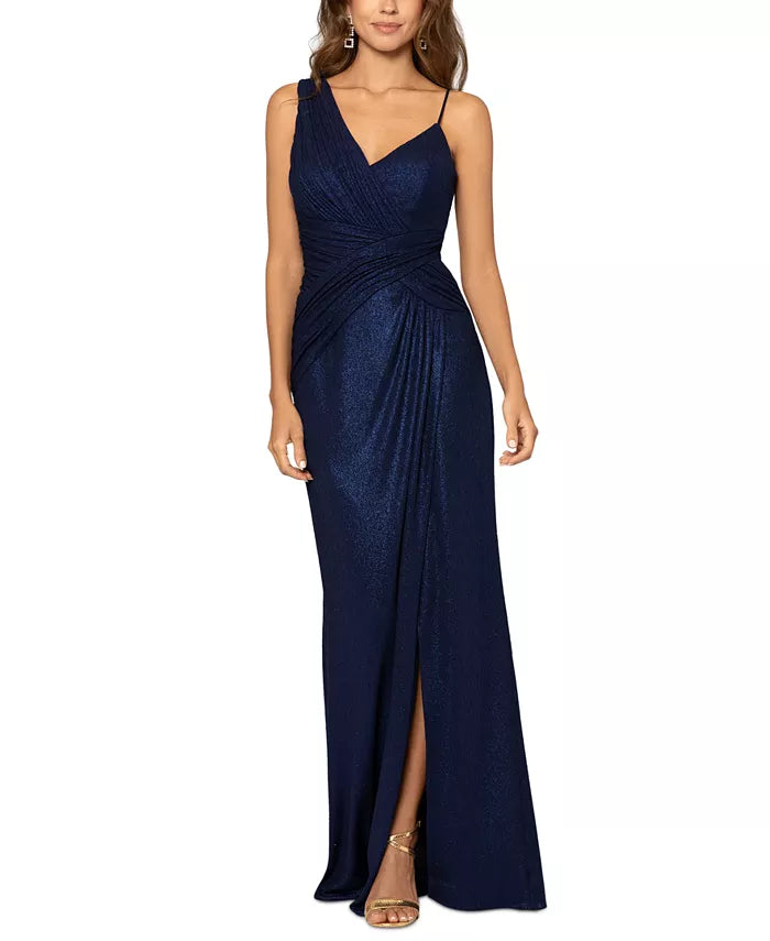 XSCAPE Ruched-Shoulder Glitter-Detail Gown