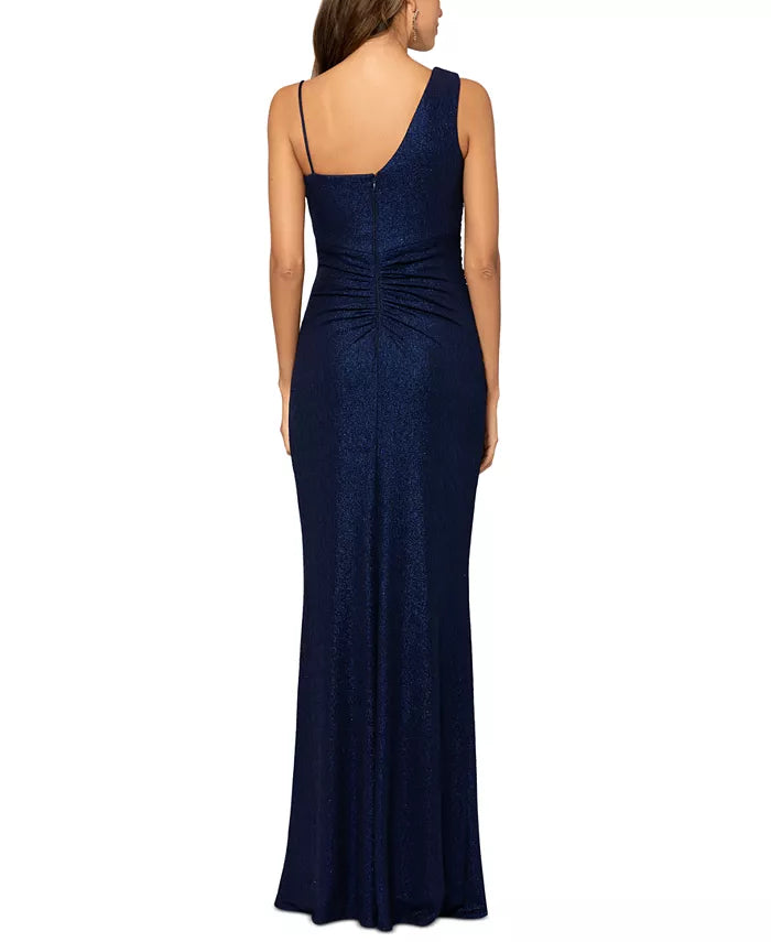 XSCAPE Ruched-Shoulder Glitter-Detail Gown