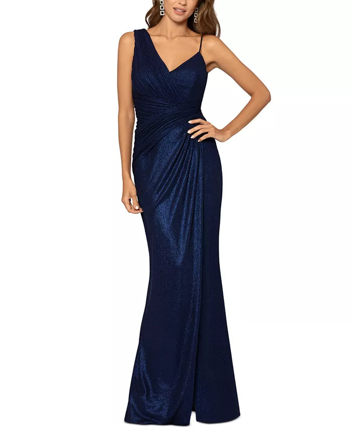 XSCAPE Ruched-Shoulder Glitter-Detail Gown