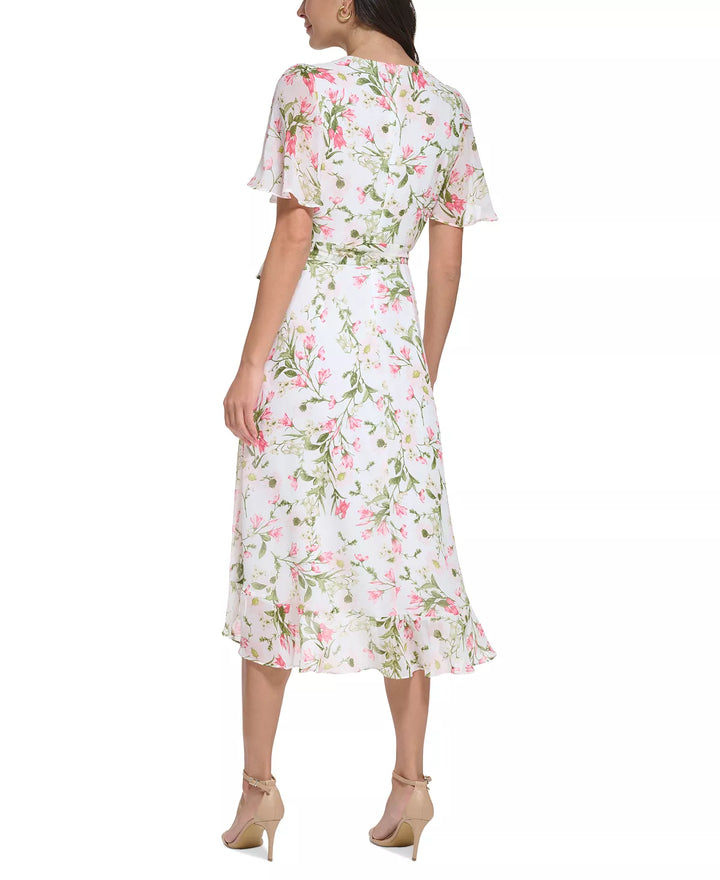 Jessica Howard Petite Printed Flutter-Sleeve Faux-Wrap Chiffon Dress