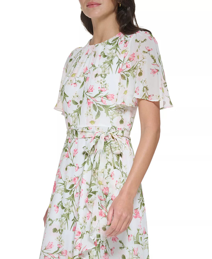 Jessica Howard Petite Printed Flutter-Sleeve Faux-Wrap Chiffon Dress