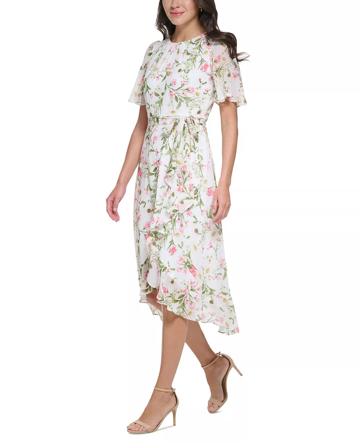 Jessica Howard Petite Printed Flutter-Sleeve Faux-Wrap Chiffon Dress