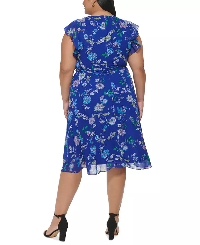 Jessica Howard Plus Size Floral-Print Flutter-Sleeve Midi Dress