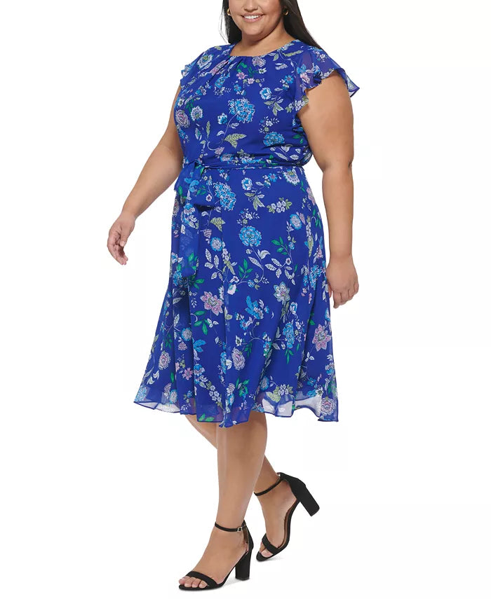 Jessica Howard Plus Size Floral-Print Flutter-Sleeve Midi Dress