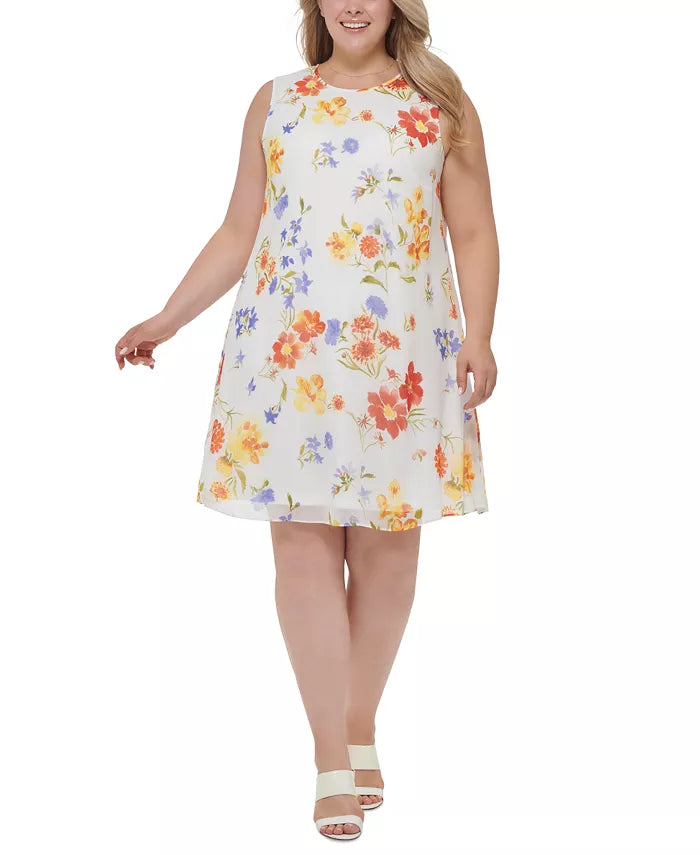 Calvin Klein Plus Size Floral Chiffon Sleeveless Dress