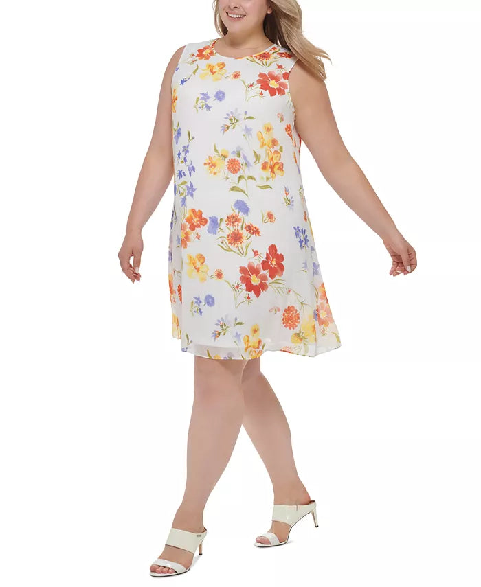 Calvin Klein Plus Size Floral Chiffon Sleeveless Dress