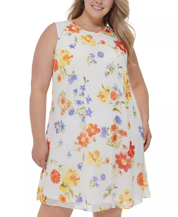 Calvin Klein Plus Size Floral Chiffon Sleeveless Dress