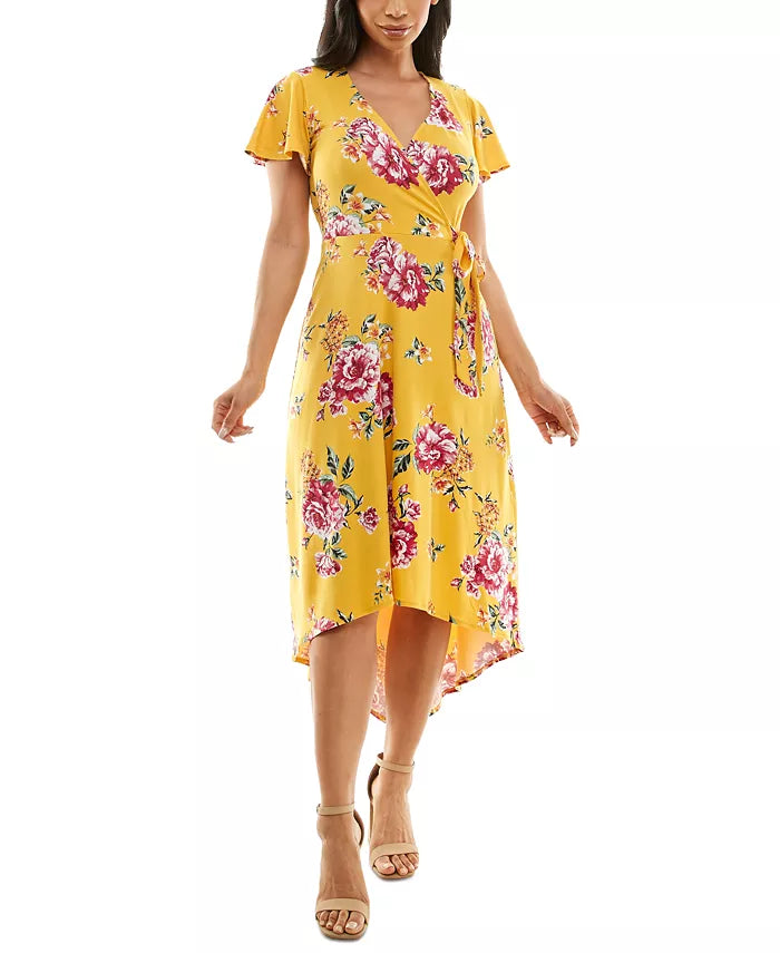 BCX Juniors' Floral-Print Surplice High-Low Fit & Flare Dress