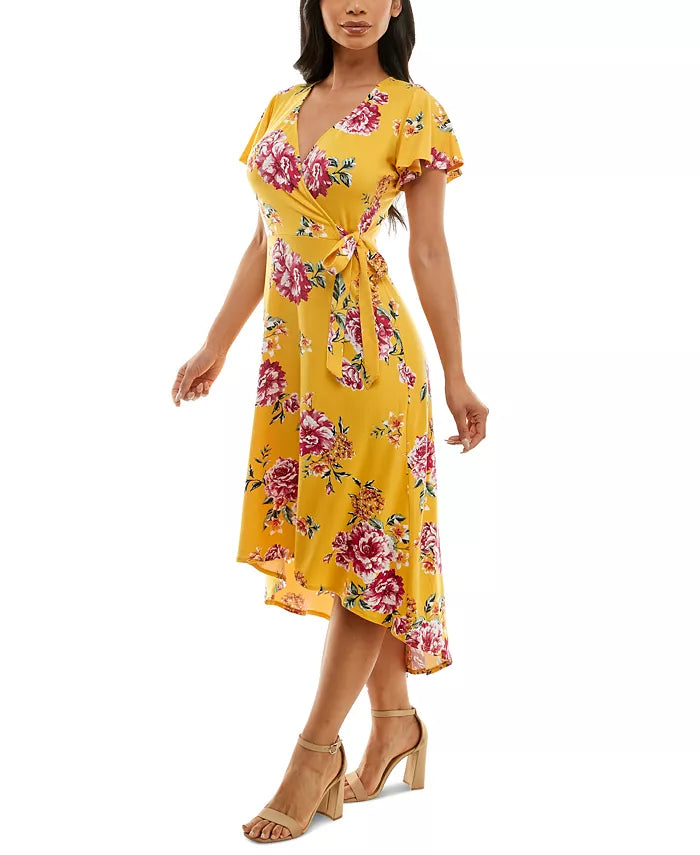 BCX Juniors' Floral-Print Surplice High-Low Fit & Flare Dress