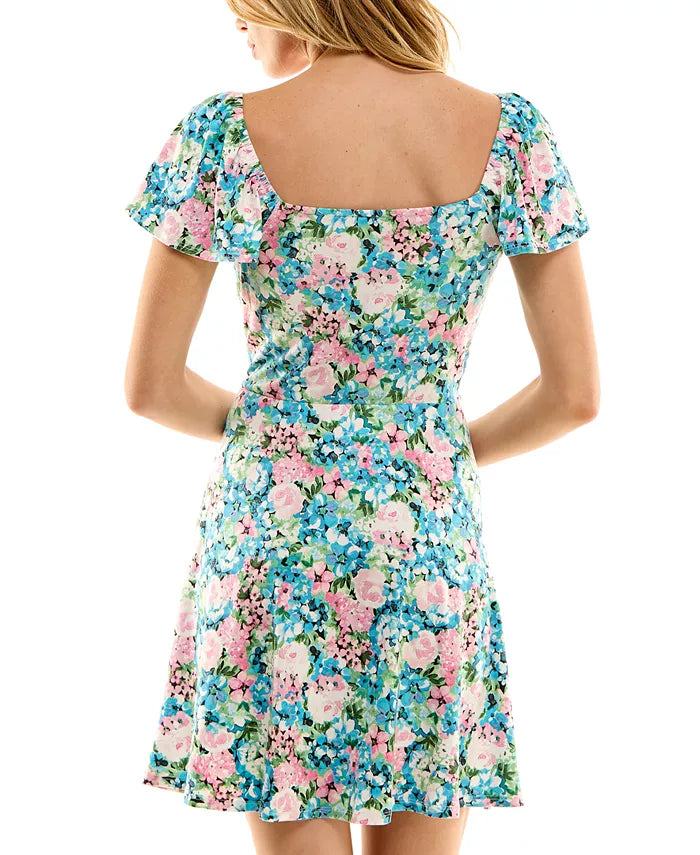 BCX Juniors' Tie-Bow Sweetheart-Neck Floral-Print Fit & Flare Dress