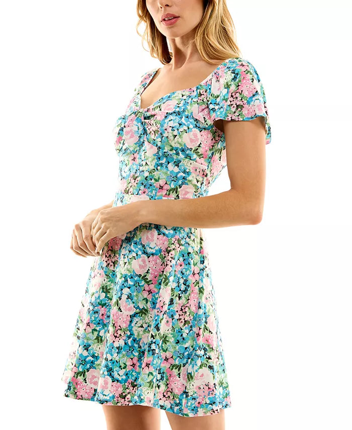 BCX Juniors' Tie-Bow Sweetheart-Neck Floral-Print Fit & Flare Dress