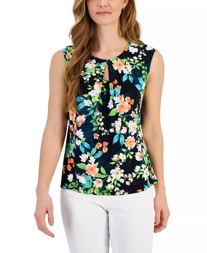 Kasper Petite Floral-Print Keyhole Sleeveless Top
