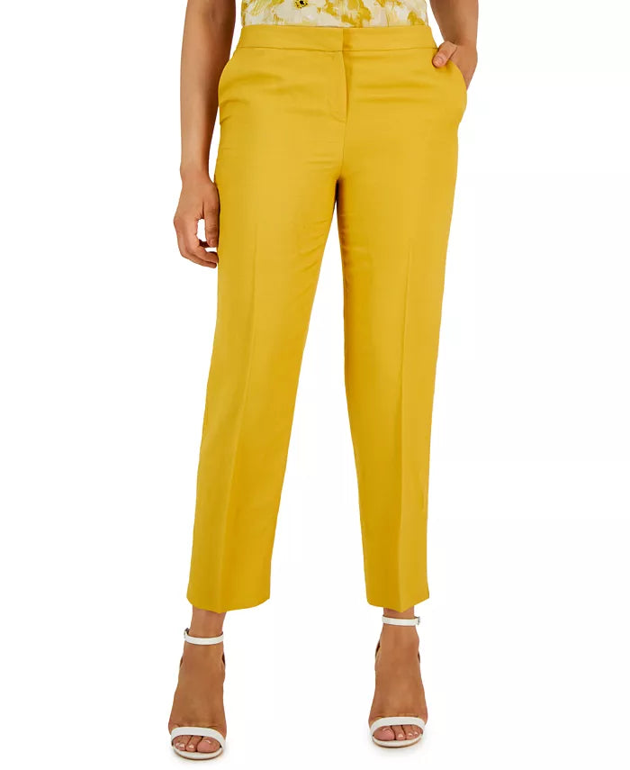 Kasper  Linen-Blend Elastic-Back Straight-Leg Pants