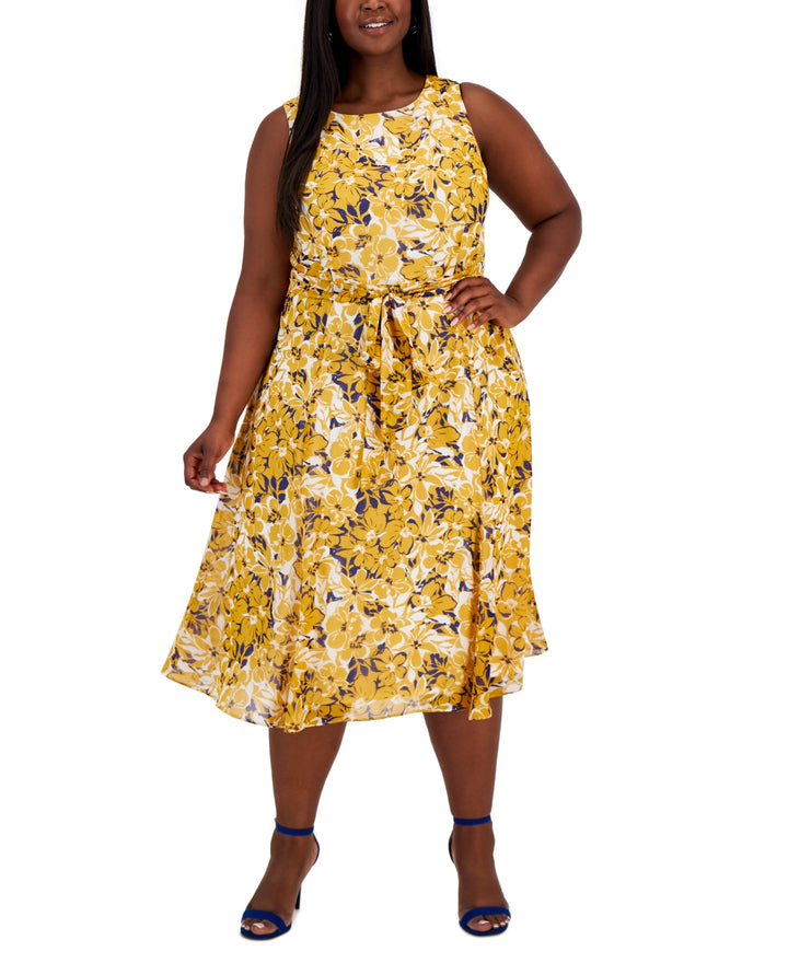 Kasper Plus Size Bianca Printed Round-Neck Sleeveless Dress