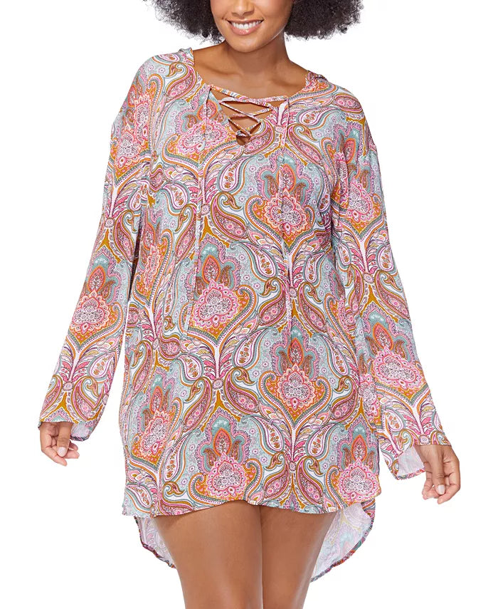 Raisins Plus Size Paisley-Print Silk Road Hooded Lace-Up Swim Cover-Up