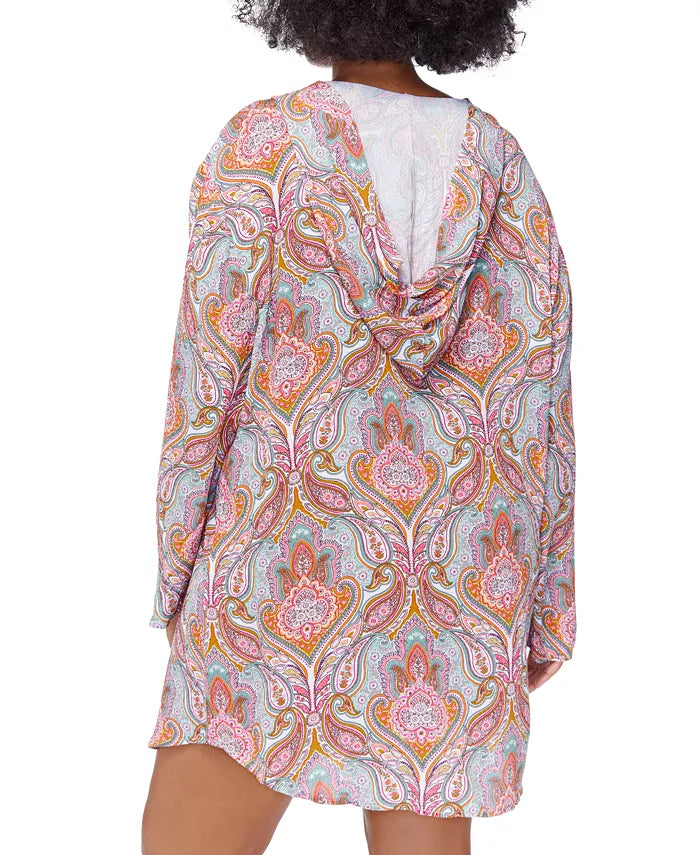 Raisins Plus Size Paisley-Print Silk Road Hooded Lace-Up Swim Cover-Up