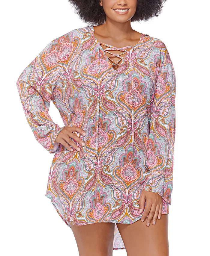 Raisins Plus Size Paisley-Print Silk Road Hooded Lace-Up Swim Cover-Up