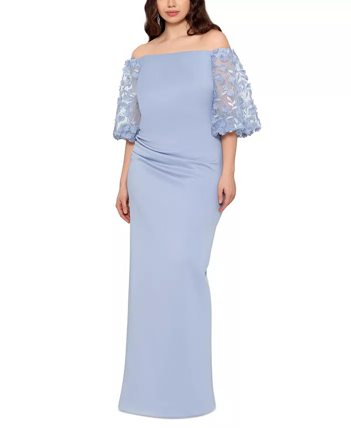 XSCAPE Off-The-Shoulder Floral-Appliqué-Sleeve Gown