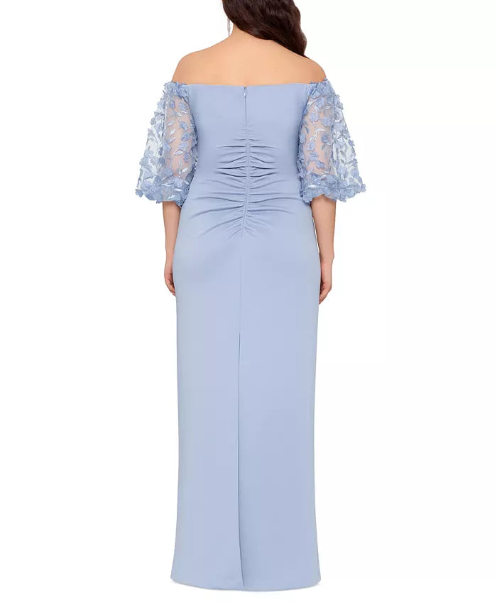 XSCAPE Off-The-Shoulder Floral-Appliqué-Sleeve Gown